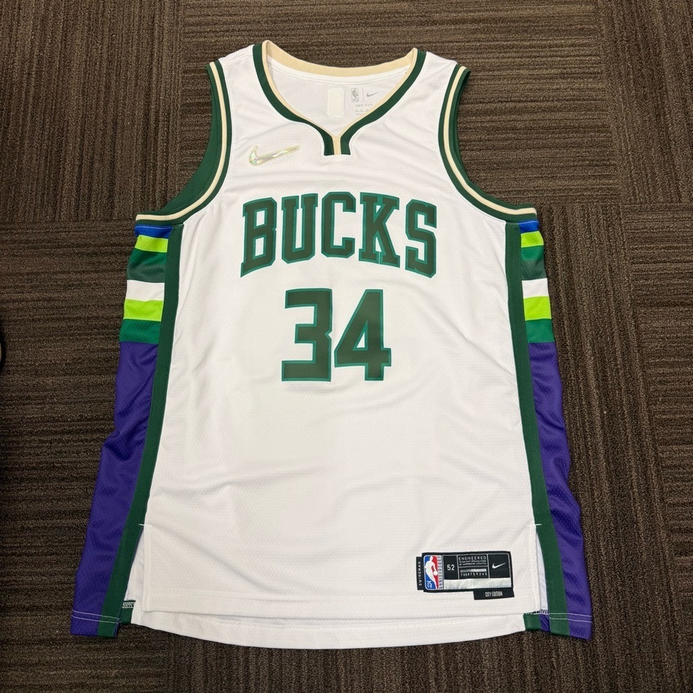 Nike White Basketball Jersey with Green and Purple Bucks Dri Fit